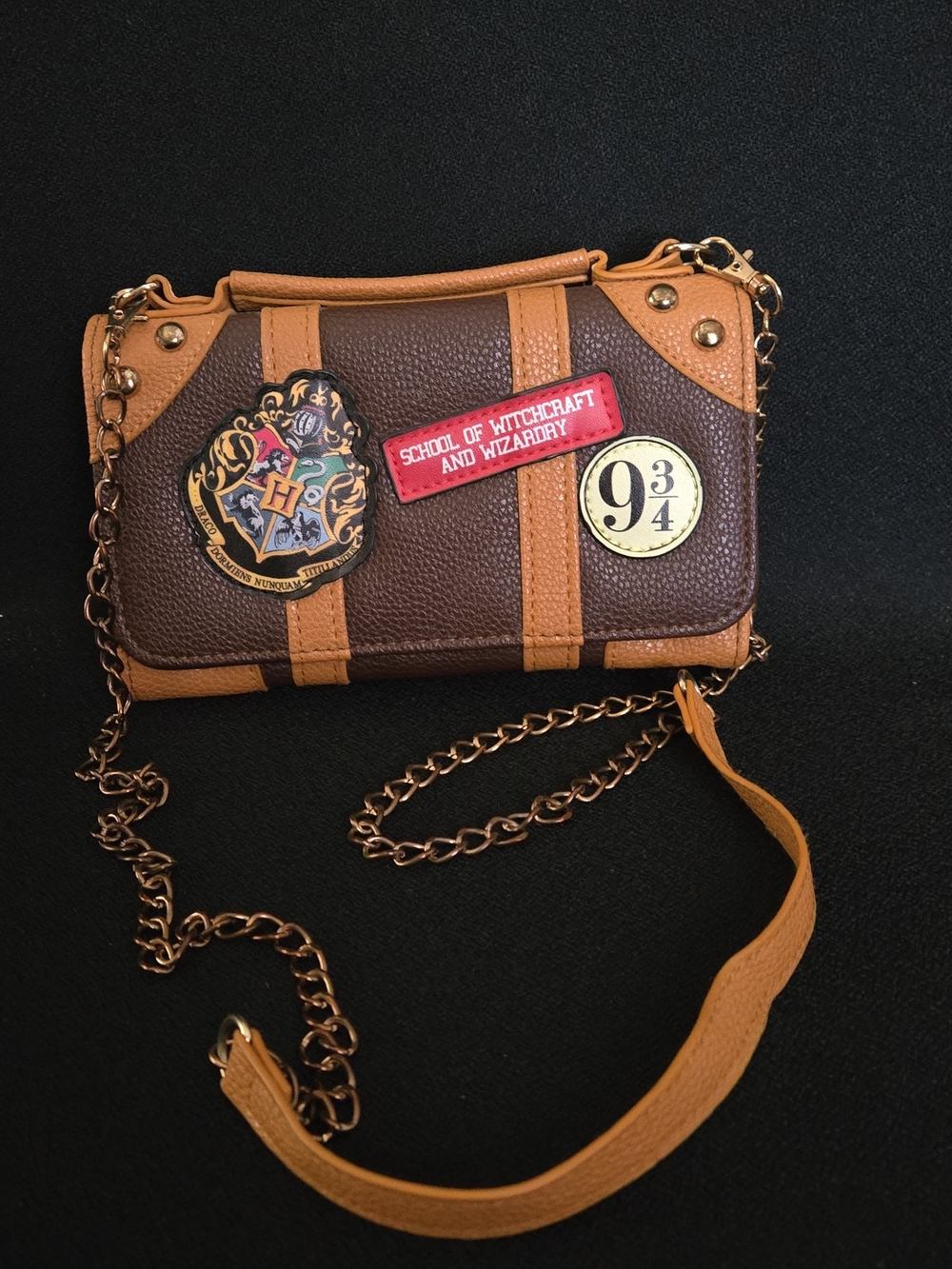 Brown & Tan Patch-Accent Crossbody Purse with Chain Strap